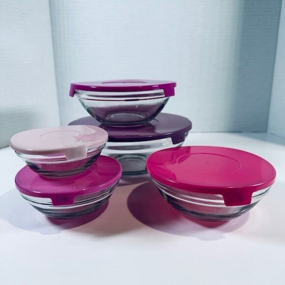 Stacking Glass Storage Bowls 5pc set w/Plastic Colored Lids - Picture 11 of 12